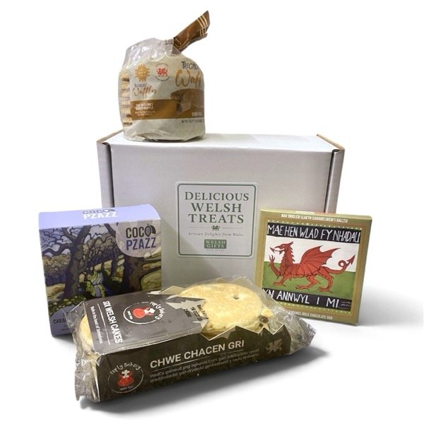 welsh hamper with welsh cakes, chocolate, fudge and waffles